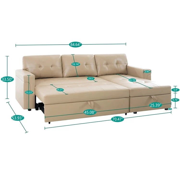 Canapé d'angle réversible avec lit gigogne, méridienne avec rangement dissimulé, pieds robustes.