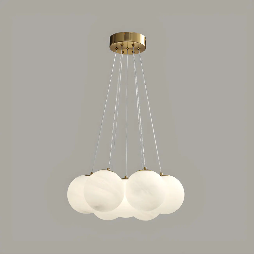 Lampadario a sospensione regolabile con sfere di vetro bianco, moderno ed elegante