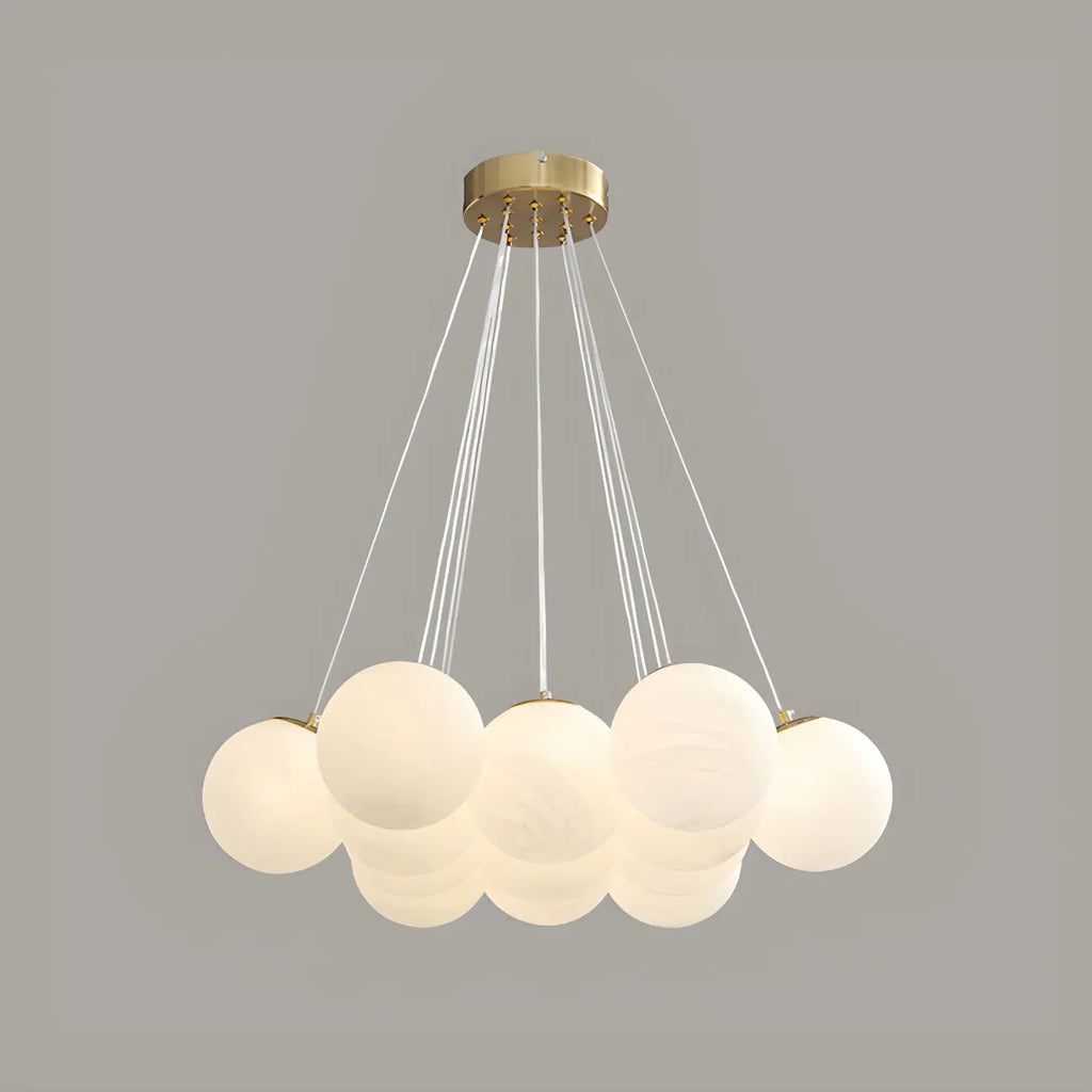 Lampadario a sospensione regolabile con sfere di vetro bianco, moderno ed elegante