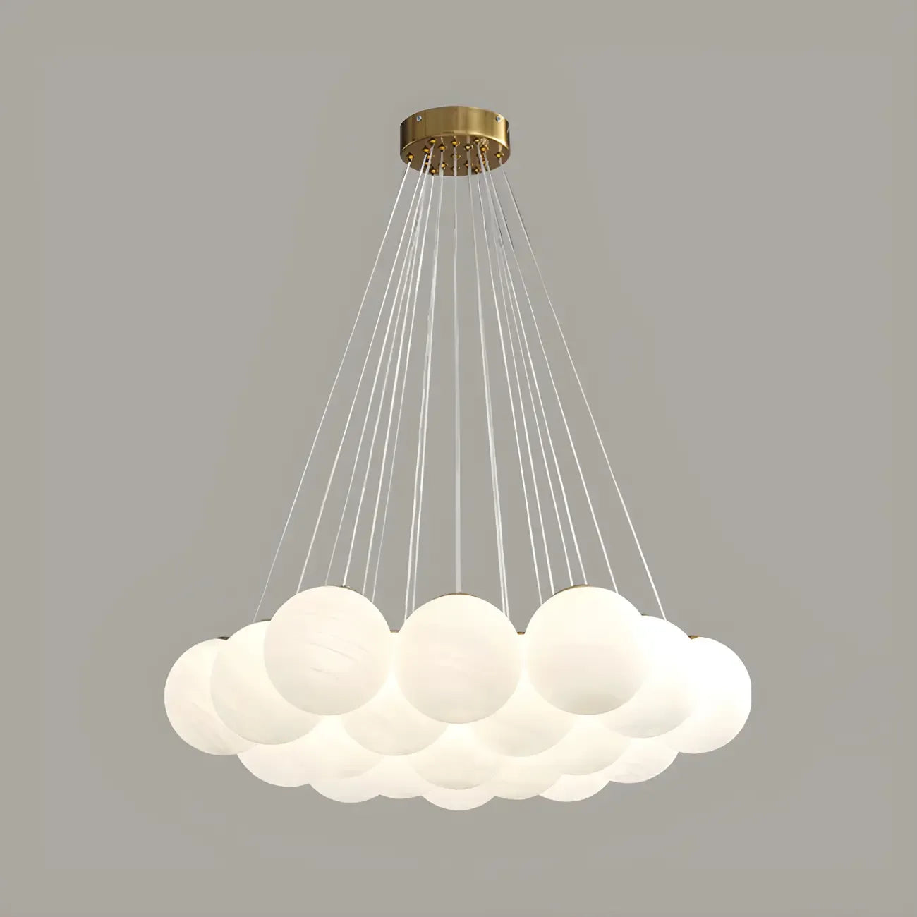 Lampadario a sospensione regolabile con sfere di vetro bianco, moderno ed elegante
