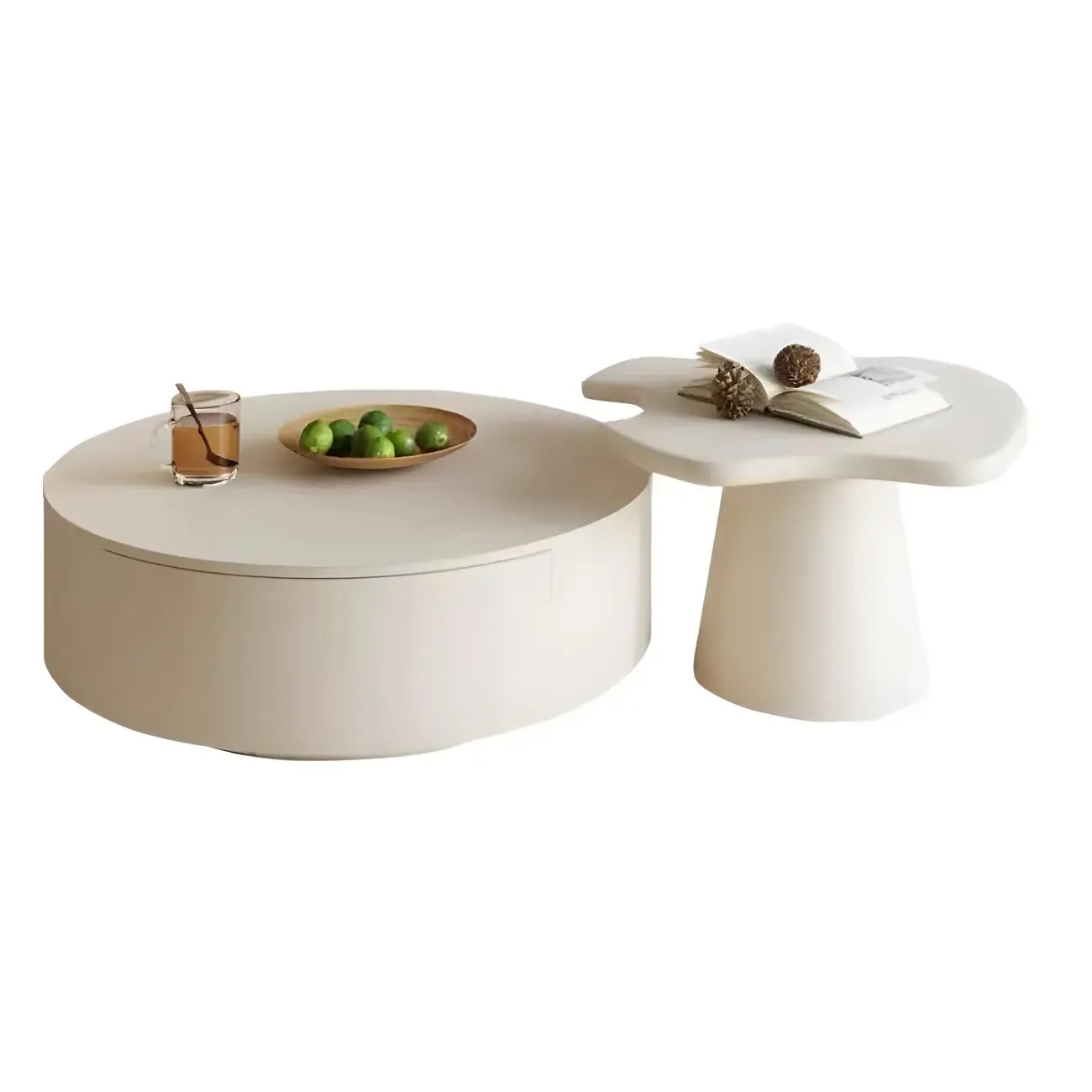 Table basse moderne ronde blanche à tiroir en bois avec piédestal