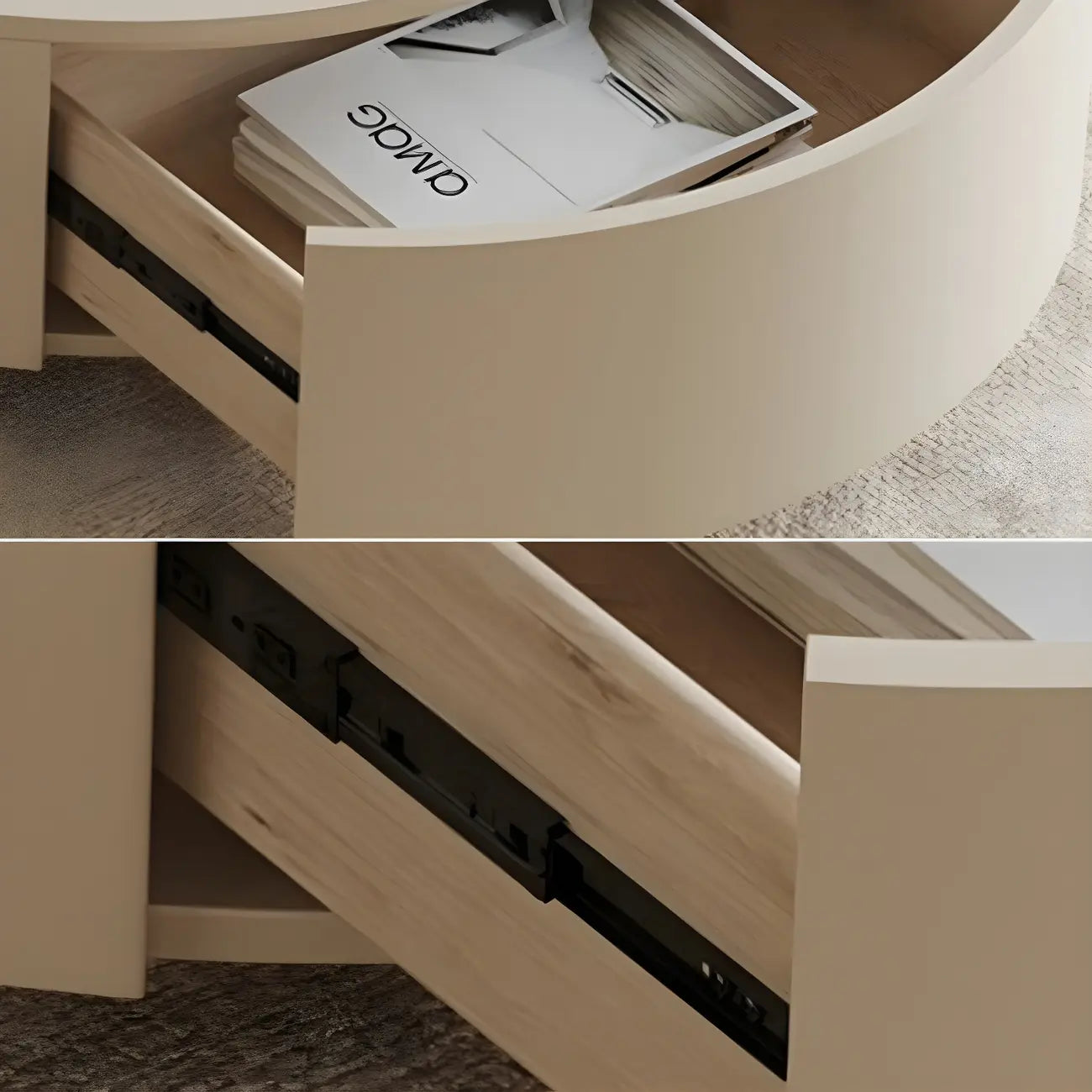 Table basse moderne ronde blanche à tiroir en bois avec piédestal