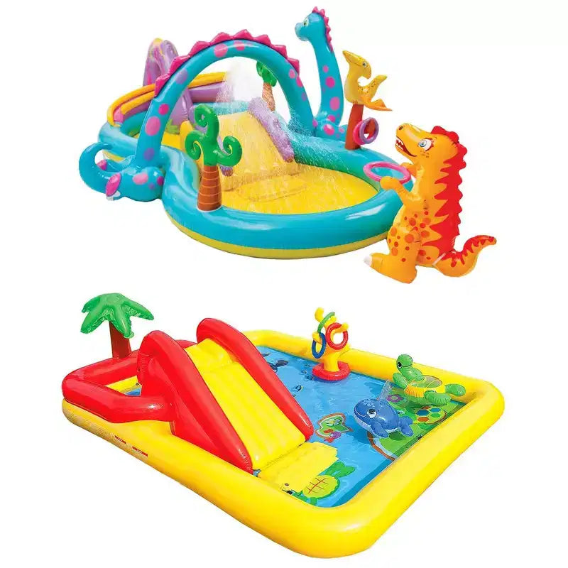 Intex Dinoland Backyard Kiddie Inflatable Swimming Pool and Inflatable Ocean Play Center Pool with Slides, Water Sprayers, Toys, and Games