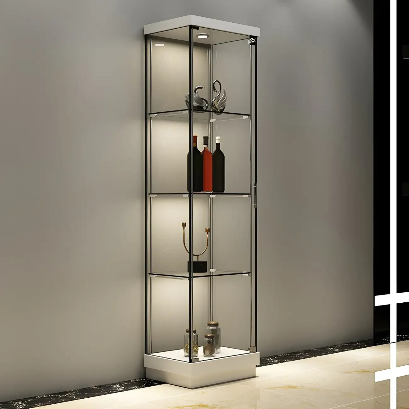 Vitrine haute en verre noir transparent avec éclairage