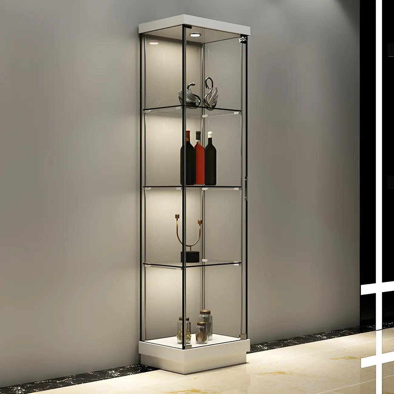 Vitrine haute en verre noir transparent avec éclairage