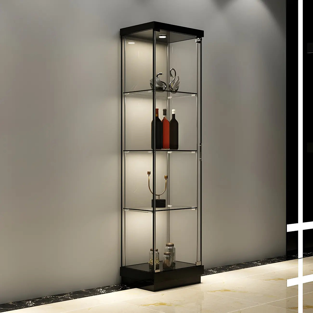 Vitrine haute en verre noir transparent avec éclairage