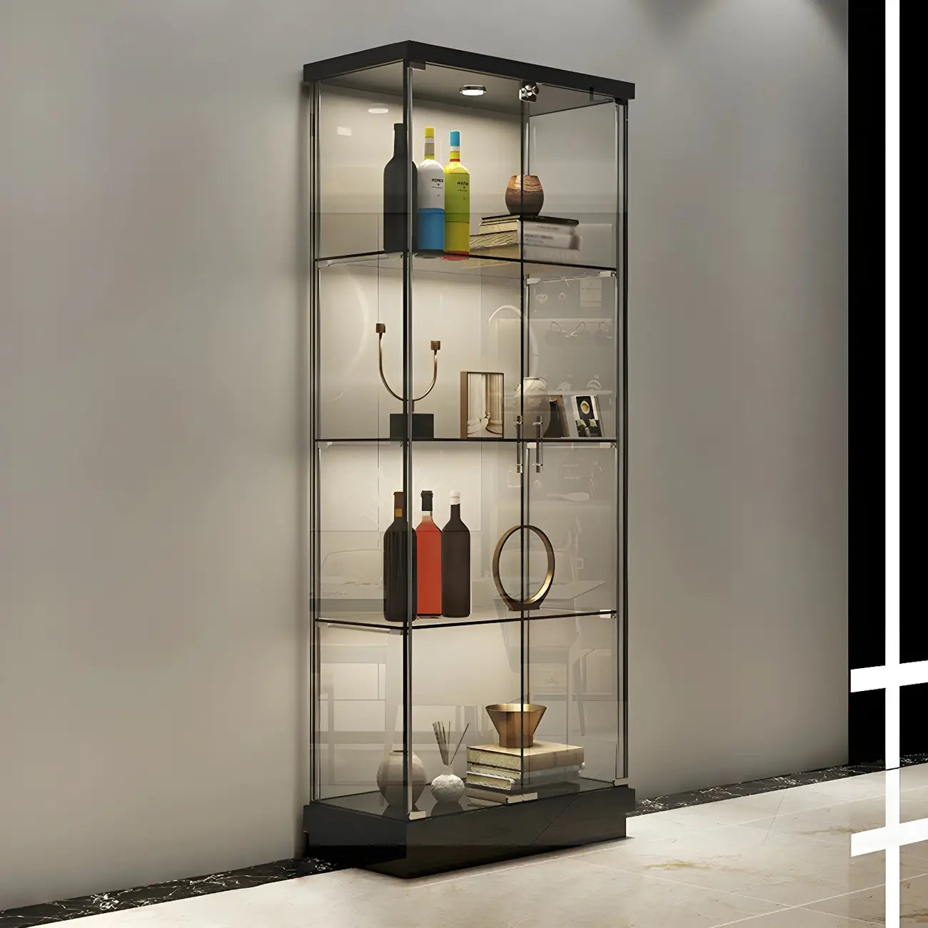 Vitrine haute en verre noir transparent avec éclairage