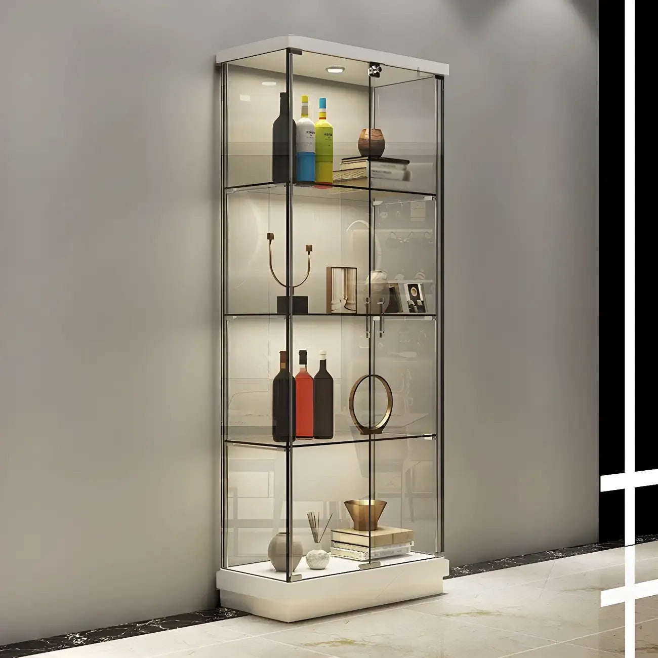 Vitrine haute en verre noir transparent avec éclairage