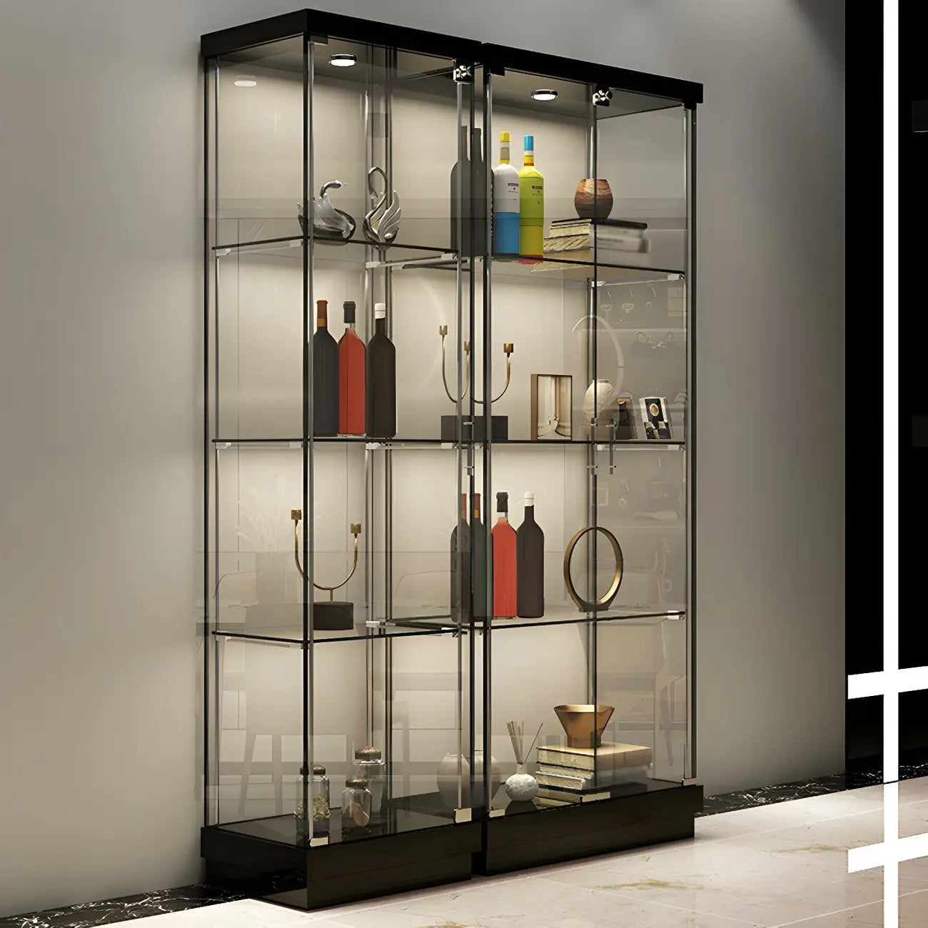 Vitrine haute en verre noir transparent avec éclairage