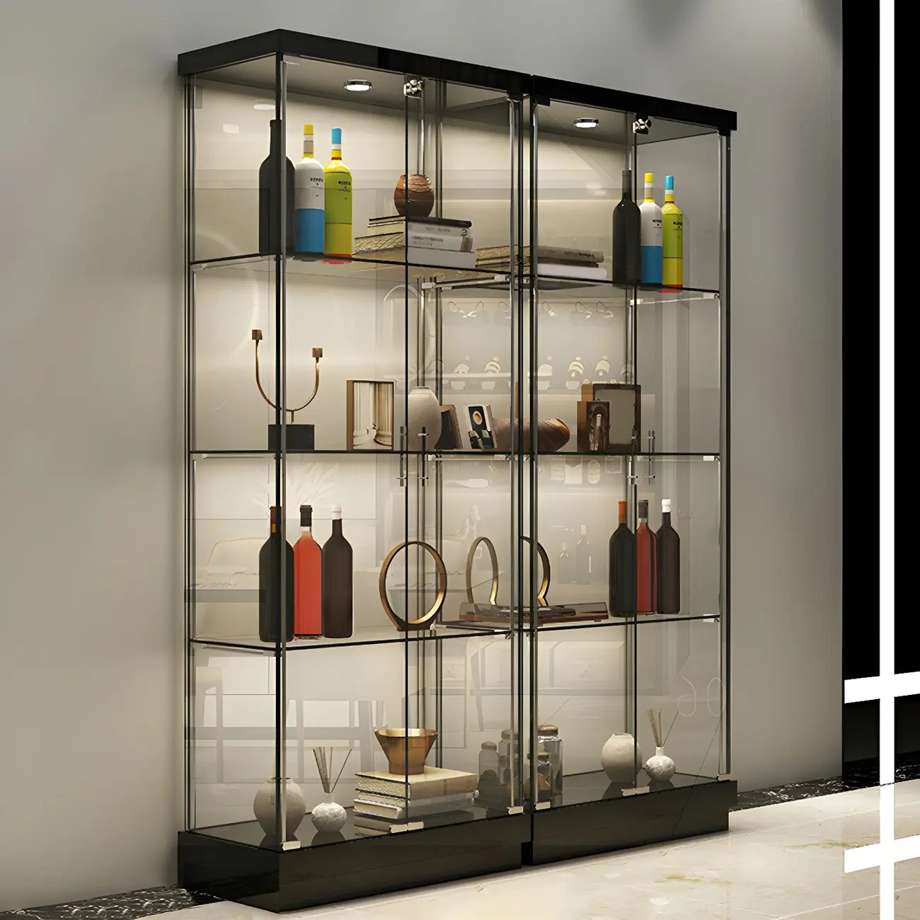 Vitrine haute en verre noir transparent avec éclairage