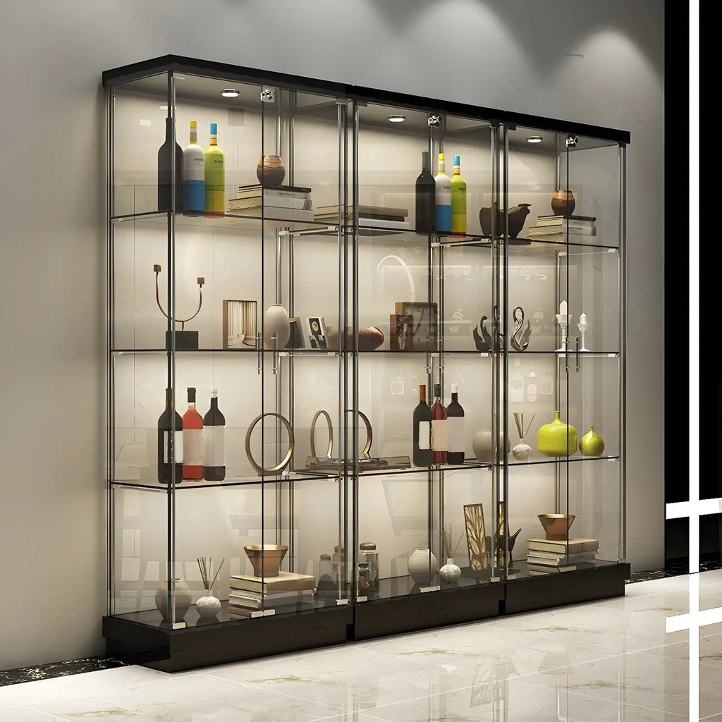Vitrine haute en verre noir transparent avec éclairage