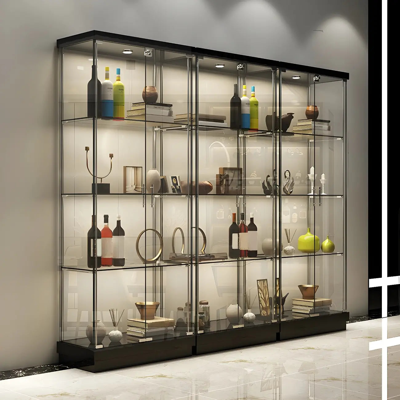 Vitrine haute en verre noir transparent avec éclairage