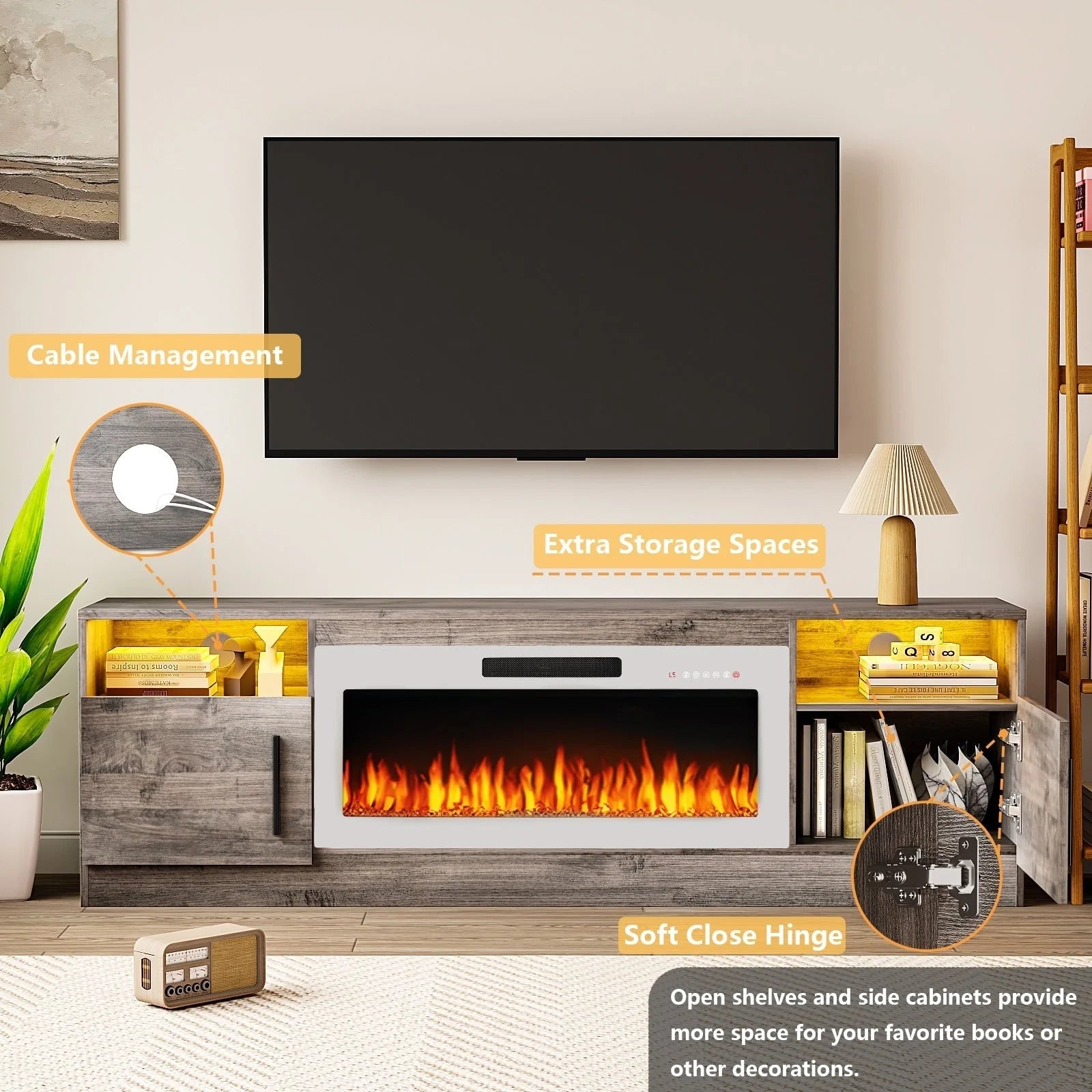 Meuble TV Bossin 70 avec cheminée électrique 36 pouces, compatible avec les téléviseurs jusqu'à 80 pouces, éclairage LED 16 couleurs/centre multimédia