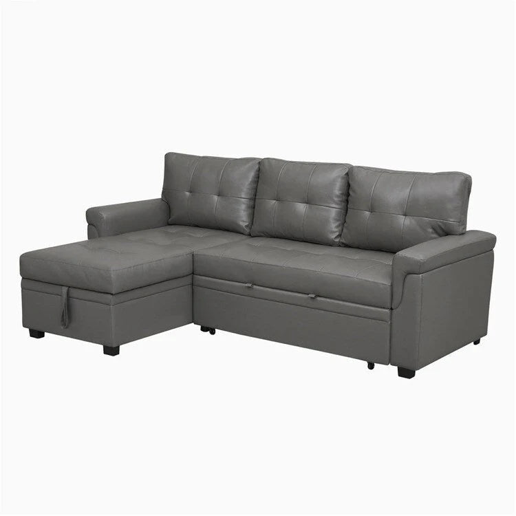 Canapé d'angle convertible et réversible avec lit gigogne, méridienne de rangement dissimulée et pieds robustes.