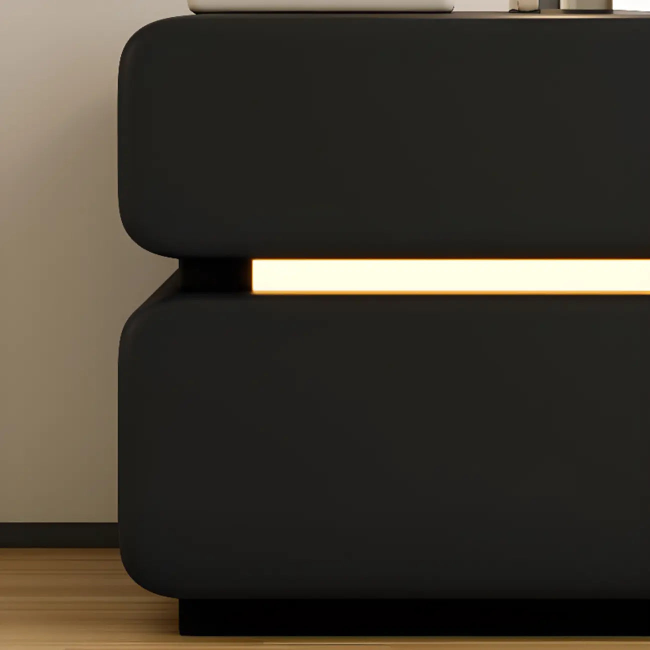 Table de chevet moderne avec plateau en cuir noir et 2 tiroirs