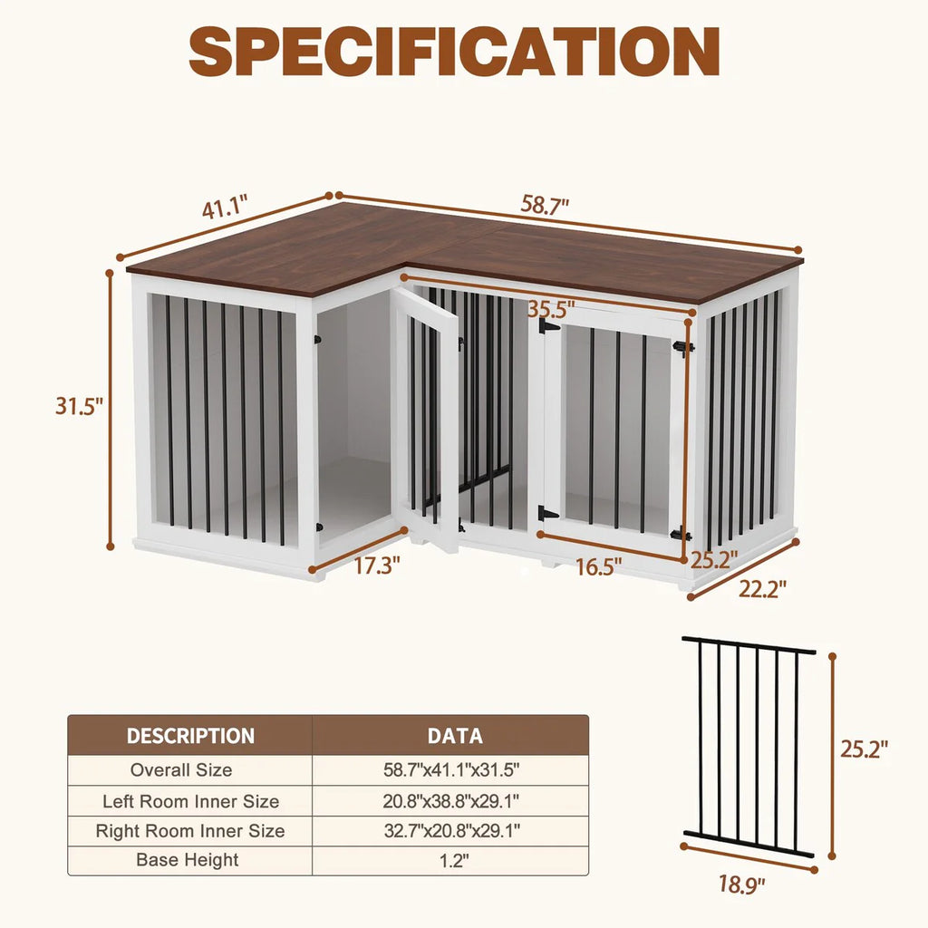 Grand meuble d'angle pour 2 chiens, cage en forme de L - 58,7 x 41,1 pouces