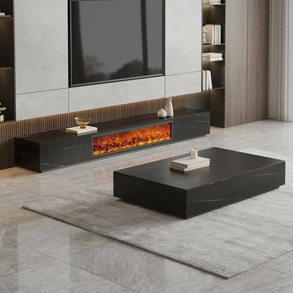 Mobile TV con caminetto elettrico 87 rettangolare nero in pietra con luce