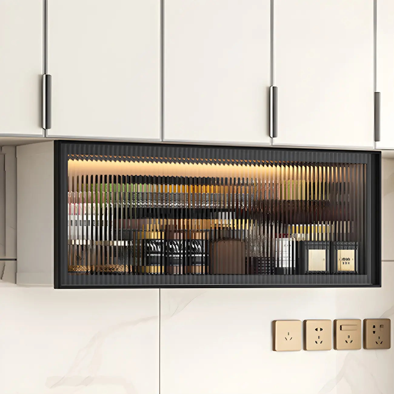 Vitrine de cuisine suspendue en métal gris et verre