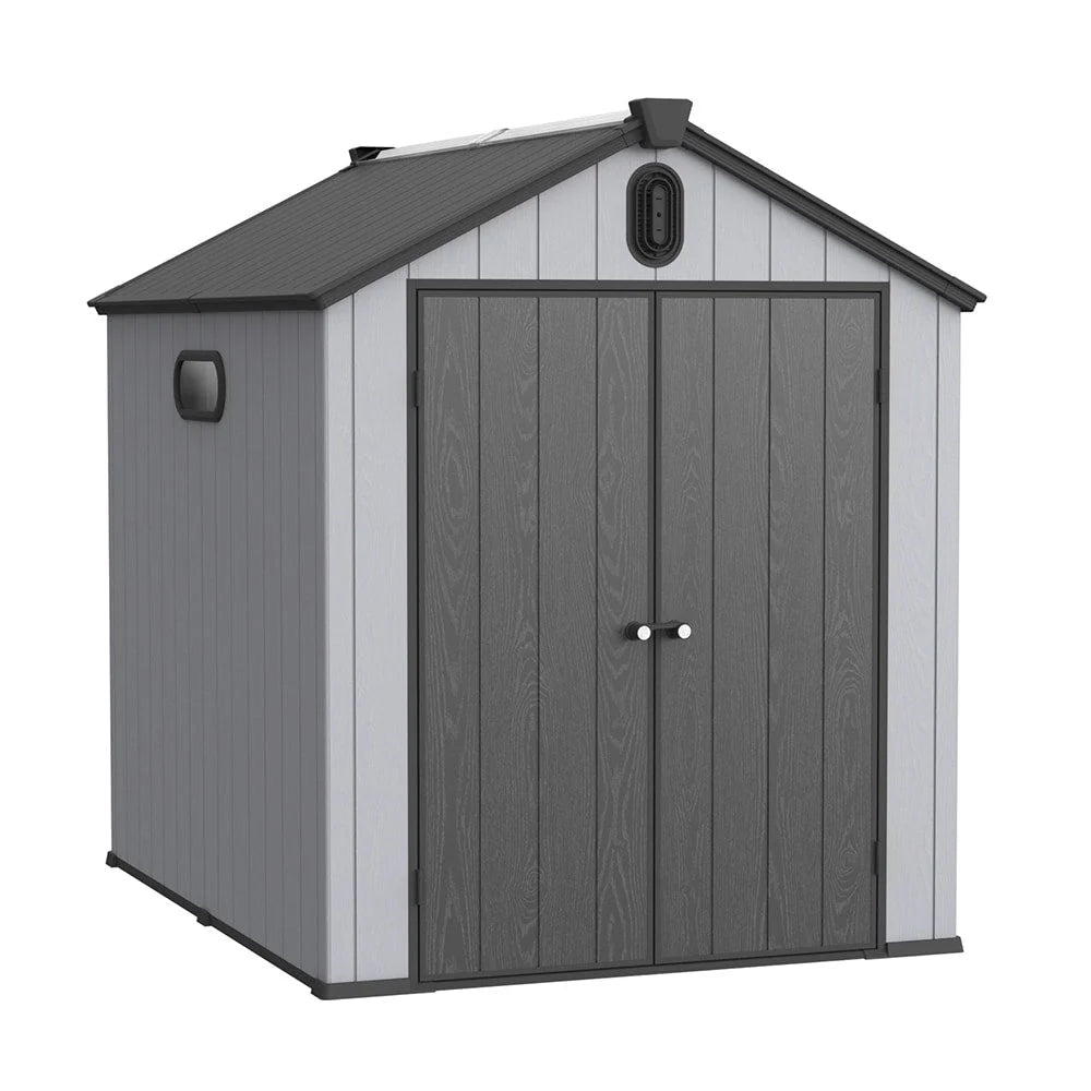Abri de jardin en résine plastique tout temps avec plancher, dimensions : 1,83 m x 1,22 m / 1,83 m x 2,44 m / 2,44 m x 1,83 m / 2,44 m x 3,05 m.