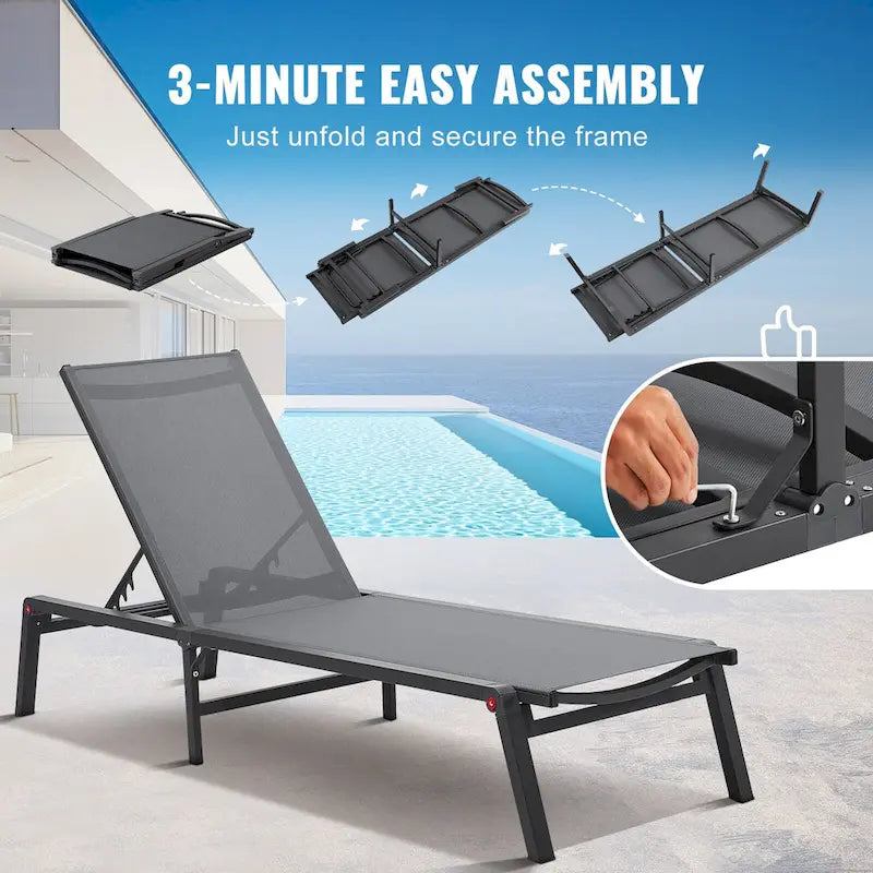 Chaises longues d'extérieur, chaises longues de patio en aluminium avec 5 positions réglables, chaises longues de piscine pliantes inclinables