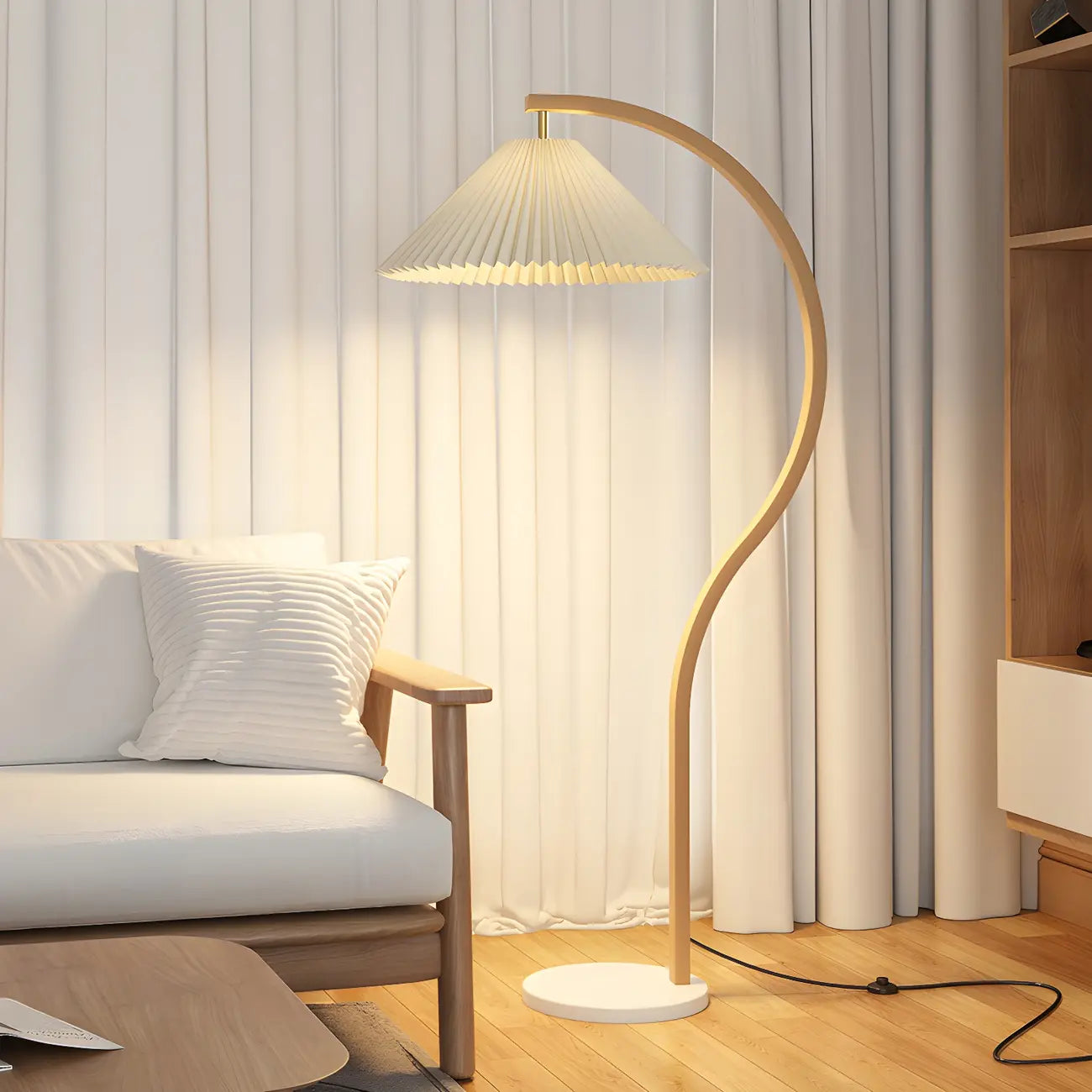 Lampadaire moderne arqué avec abat-jour plissé réglable