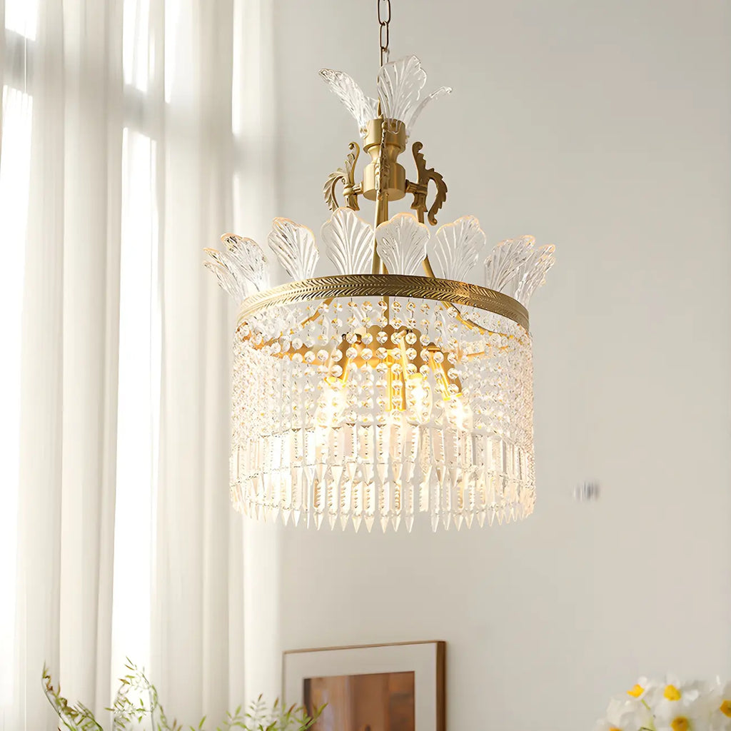 Lustre rétro doré à pampilles rondes en cristal et pompons