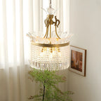 Lustre rétro doré à pampilles rondes en cristal et pompons