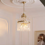 Lustre rétro doré à pampilles rondes en cristal et pompons