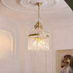 Lustre rétro doré à pampilles rondes en cristal et pompons
