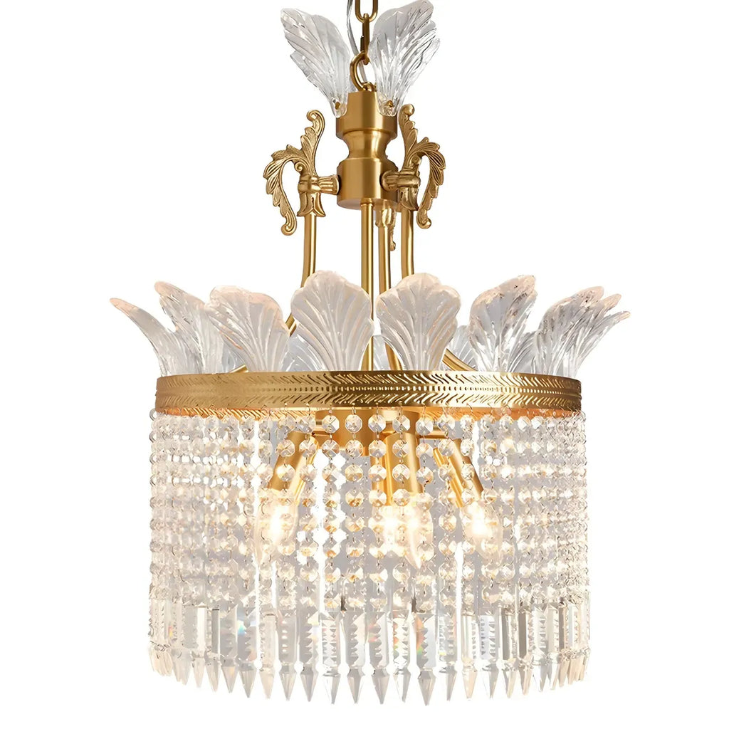 Lustre rétro doré à pampilles rondes en cristal et pompons