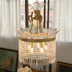 Lustre rétro doré à pampilles rondes en cristal et pompons