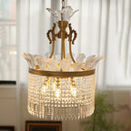 Lustre rétro doré à pampilles rondes en cristal et pompons