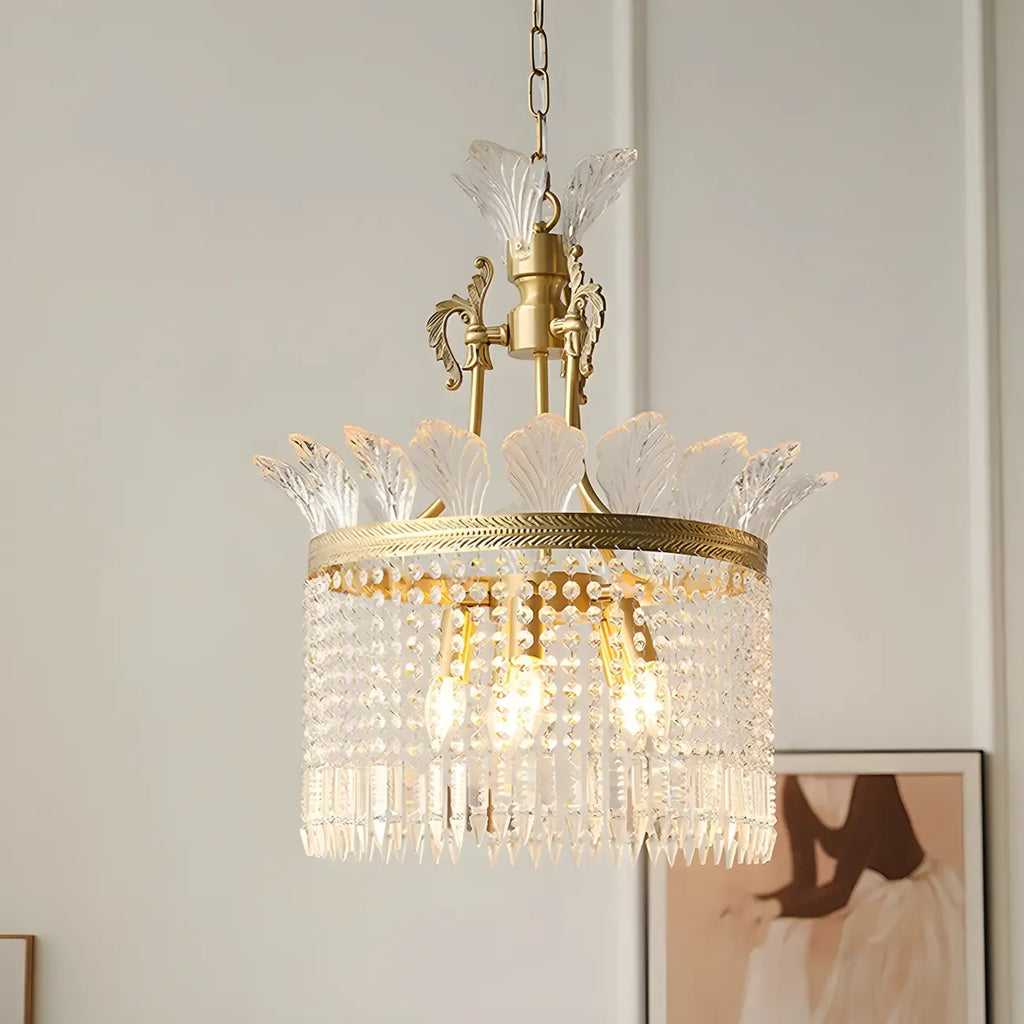 Lustre rétro doré à pampilles rondes en cristal et pompons