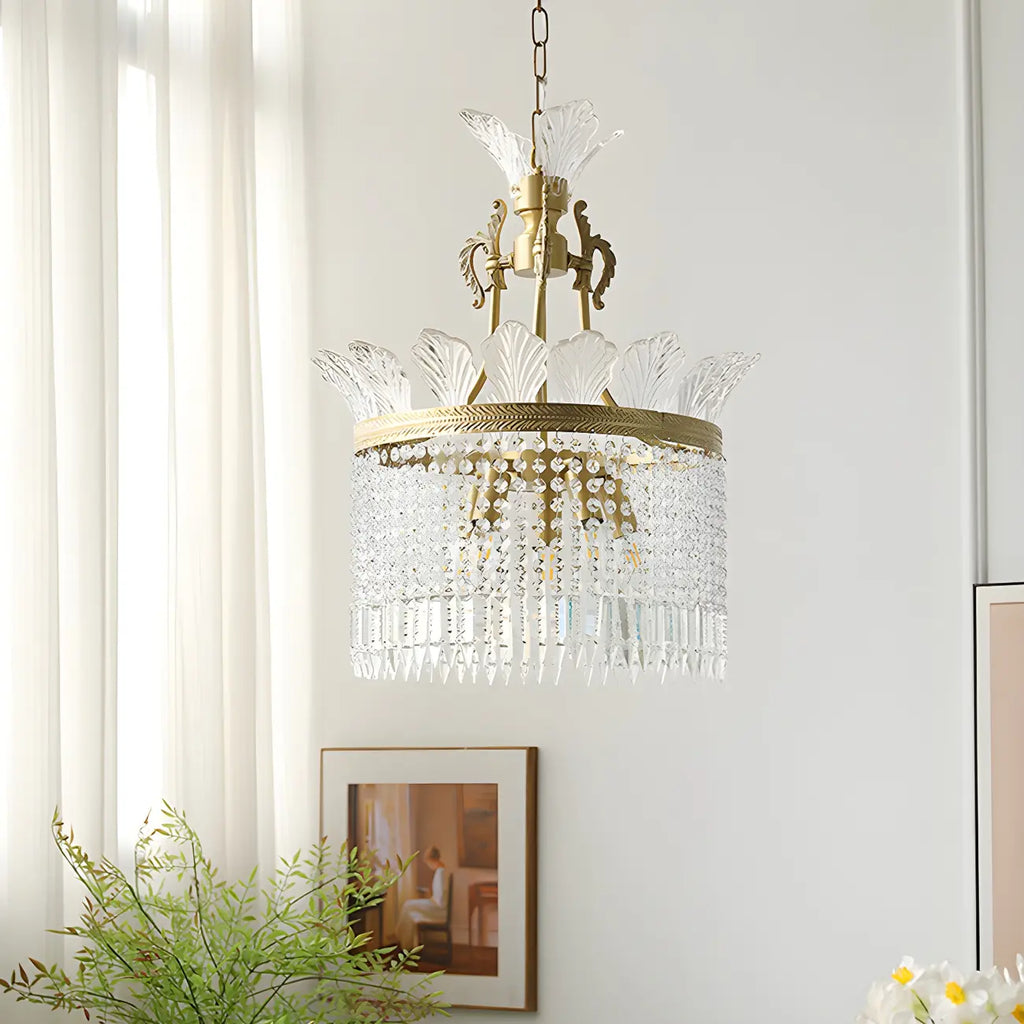 Lustre rétro doré à pampilles rondes en cristal et pompons