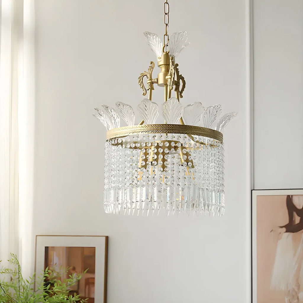 Lustre rétro doré à pampilles rondes en cristal et pompons