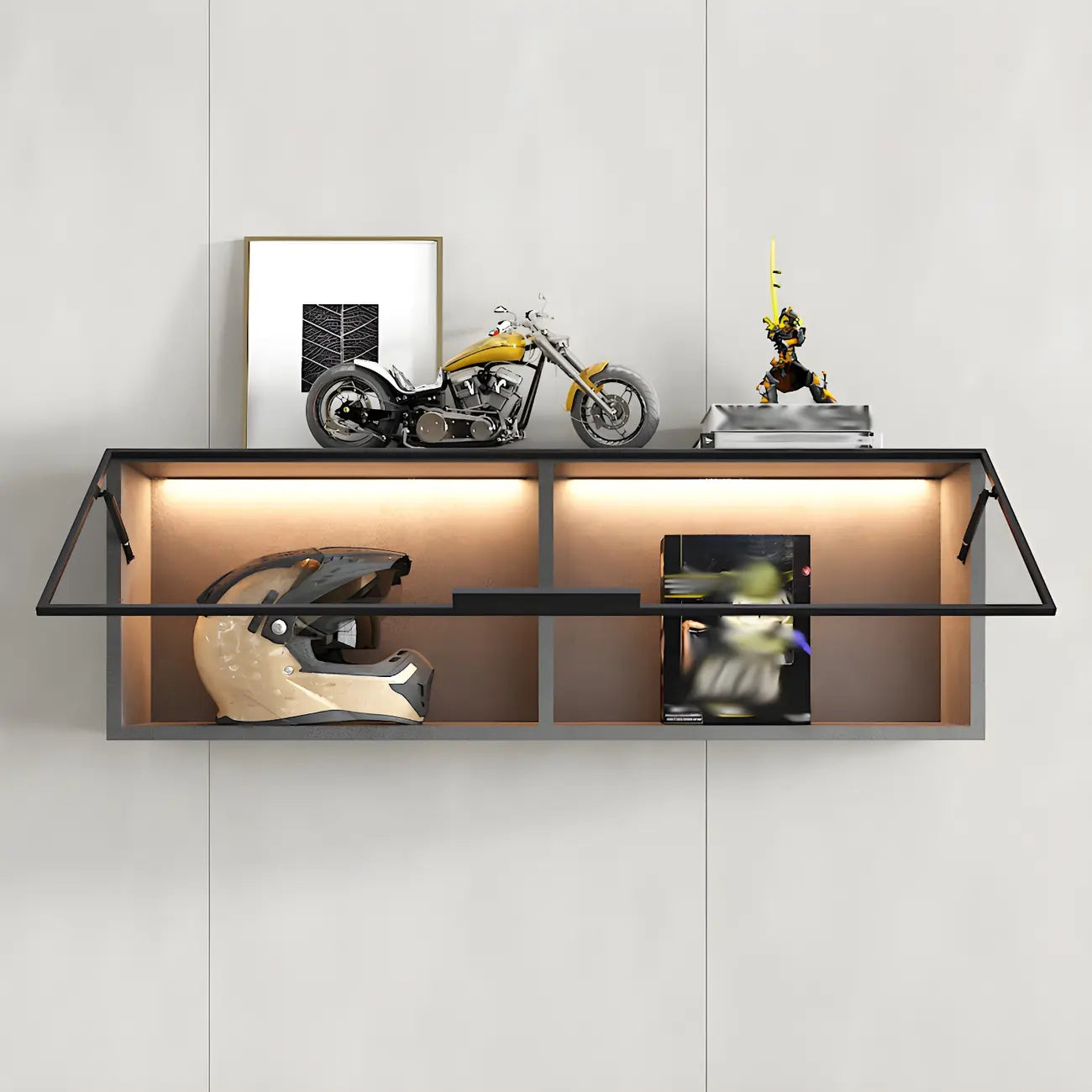 Vitrine murale noire en bois à 2 cubes avec éclairage