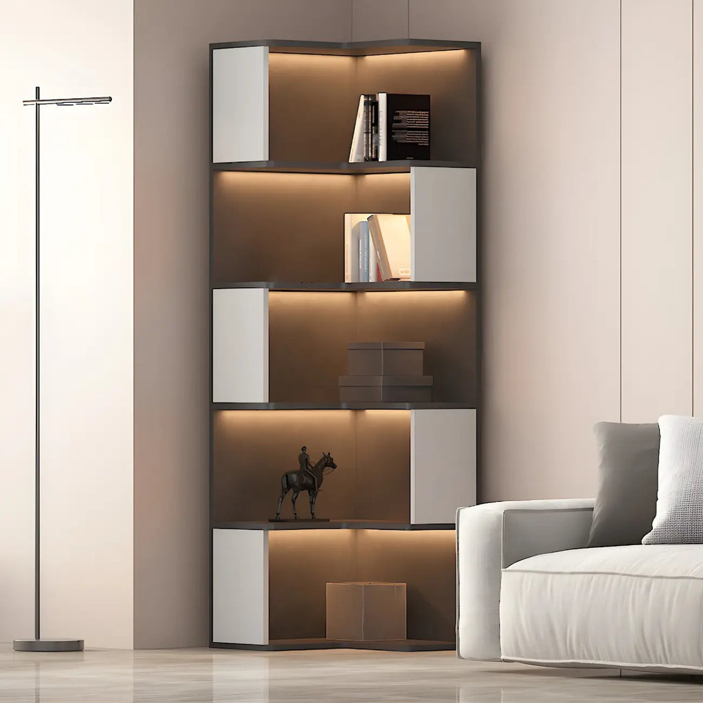 Vitrine d'angle ouverte en bois noir et blanc avec éclairage