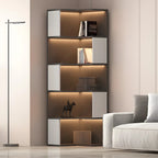 Vitrine d'angle ouverte en bois noir et blanc avec éclairage