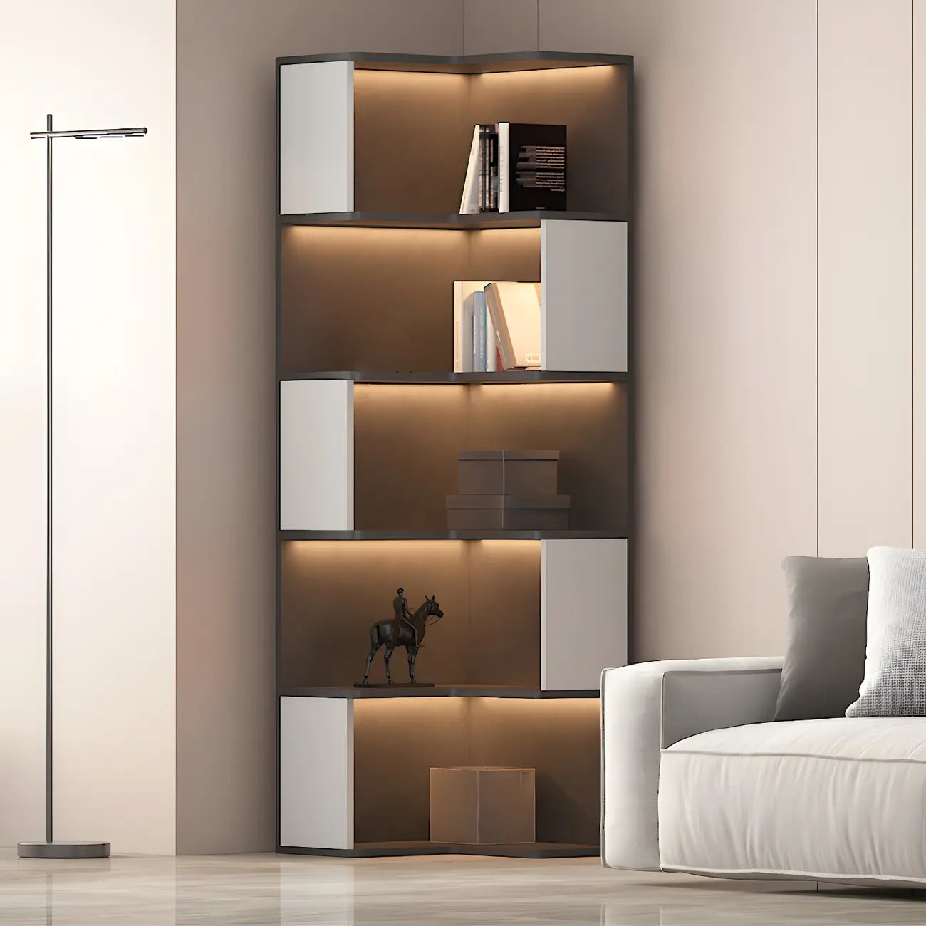 Vitrine d'angle ouverte en bois noir et blanc avec éclairage