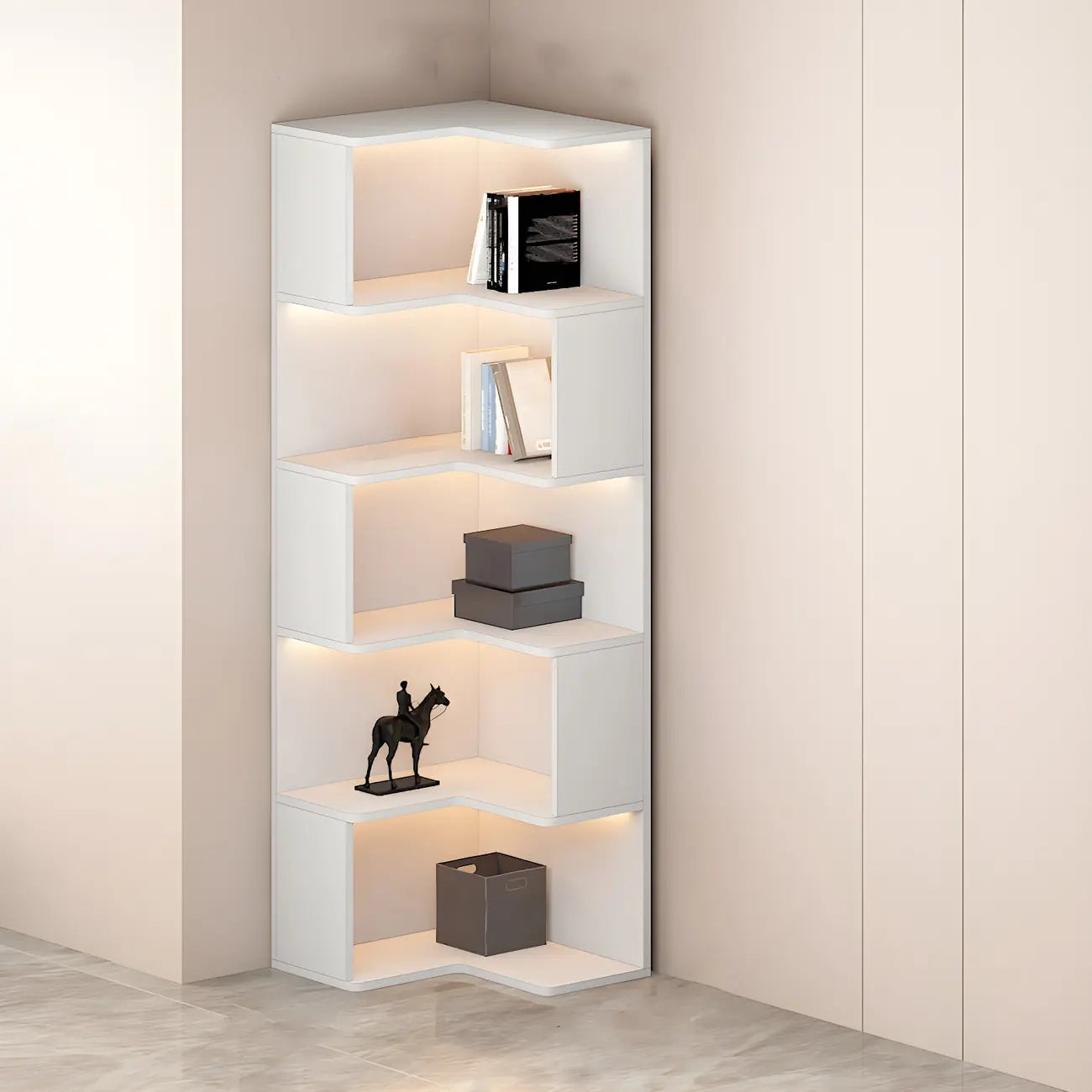Vitrine d'angle ouverte en bois noir et blanc avec éclairage