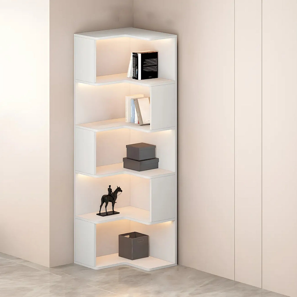 Vitrine d'angle ouverte en bois noir et blanc avec éclairage