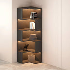 Vitrine d'angle ouverte en bois noir et blanc avec éclairage