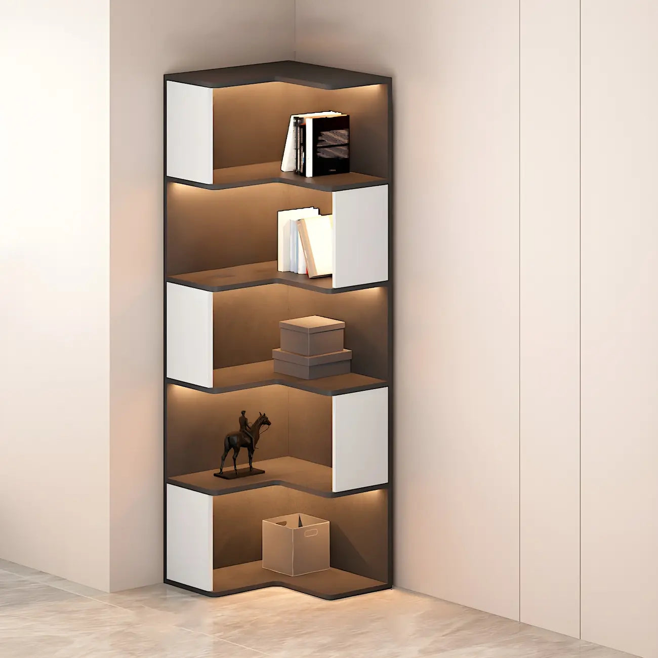 Vitrine d'angle ouverte en bois noir et blanc avec éclairage