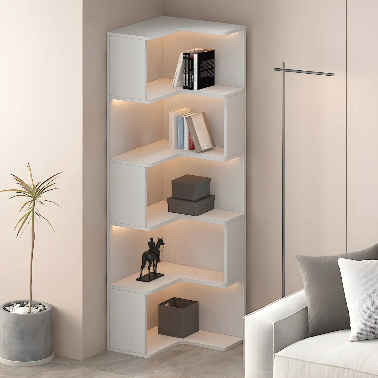 Vitrine d'angle ouverte en bois noir et blanc avec éclairage