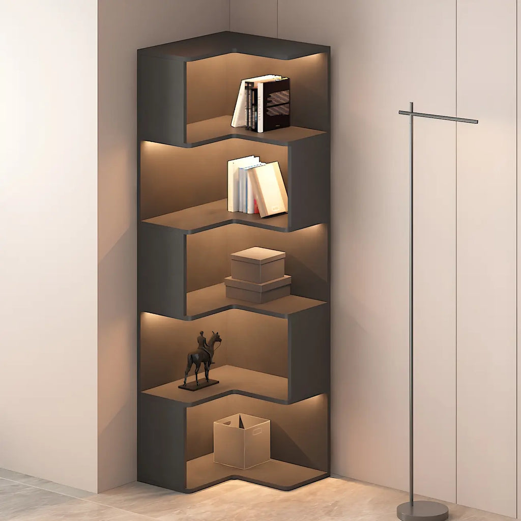 Vitrine d'angle ouverte en bois noir et blanc avec éclairage