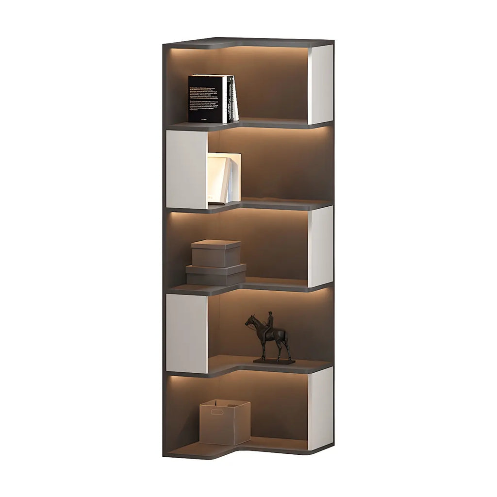 Vitrine d'angle ouverte en bois noir et blanc avec éclairage