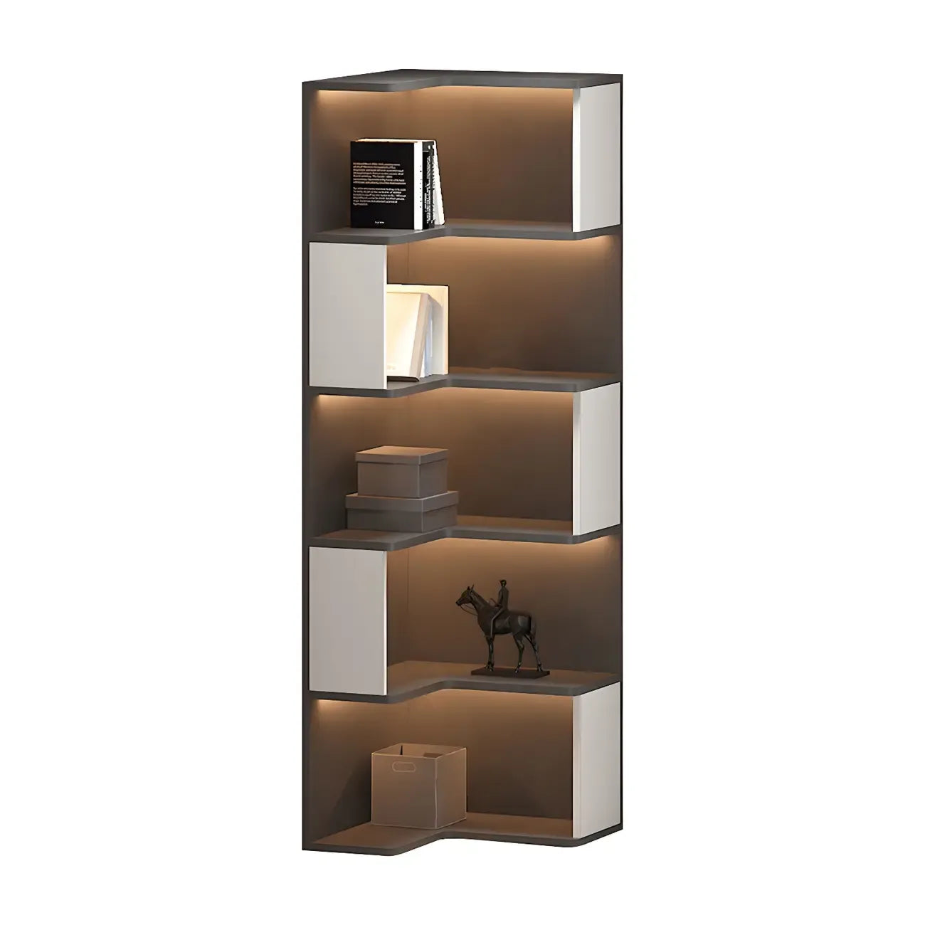 Vitrine d'angle ouverte en bois noir et blanc avec éclairage