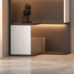Vitrine d'angle ouverte en bois noir et blanc avec éclairage
