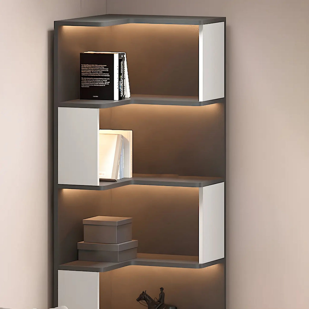 Vitrine d'angle ouverte en bois noir et blanc avec éclairage