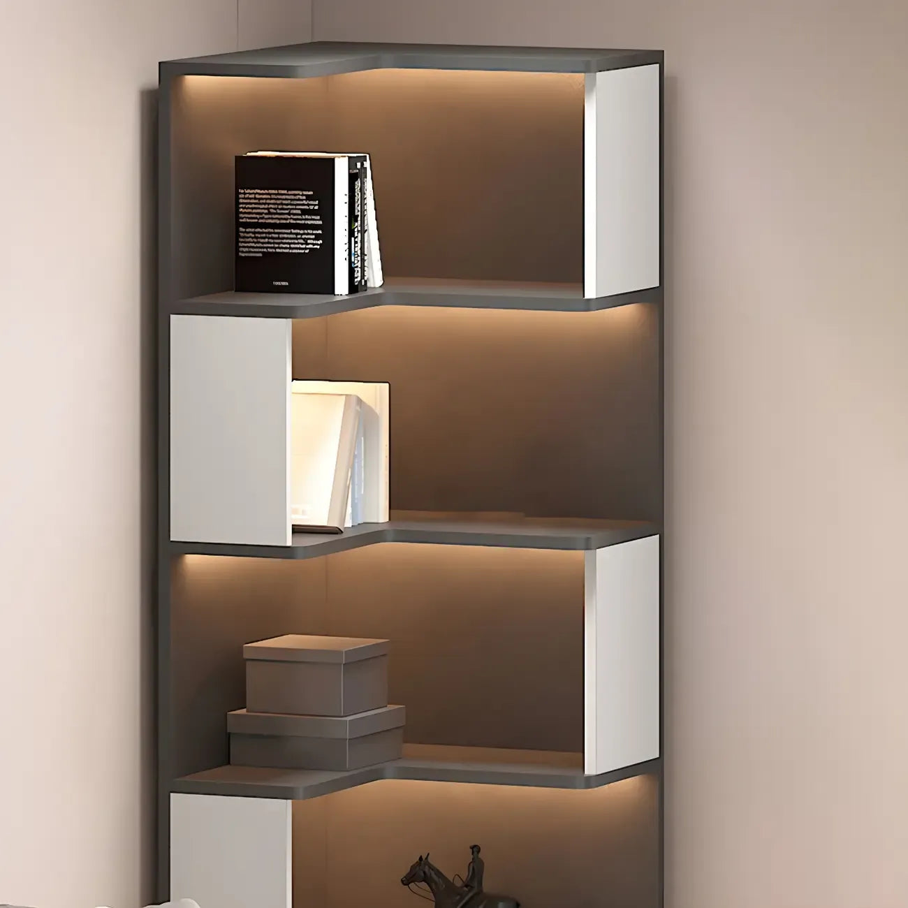 Vitrine d'angle ouverte en bois noir et blanc avec éclairage